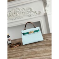 Hermes Kelly Mini II Bag Epsom Leather WAX-Bicolor Blue Brume/Vert Jade/Gold High