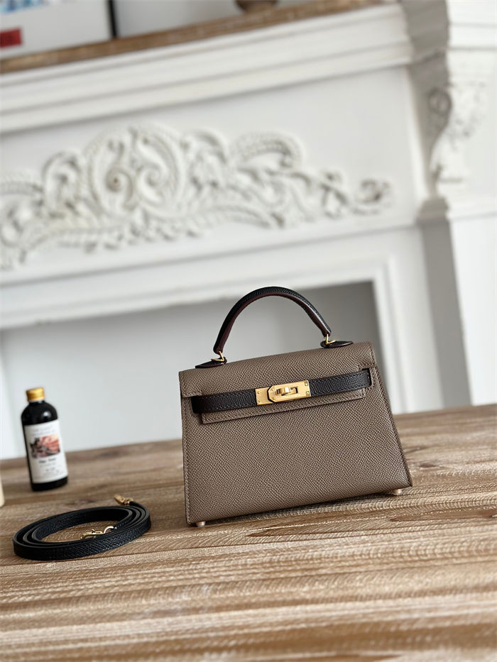 Hermes Kelly Mini II Bag Epsom Leather WAX-Bicolor Etoupe/Ecorce/Black High