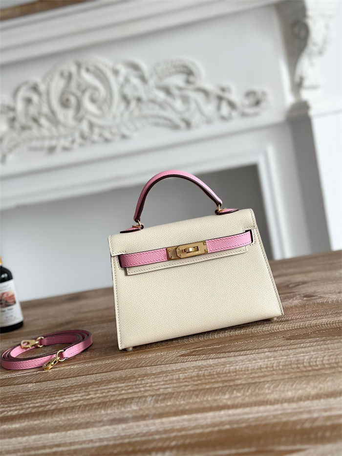 Hermes Kelly Mini II Bag Epsom Leather WAX-Bicolor Craie/Mauve Sylvestre High