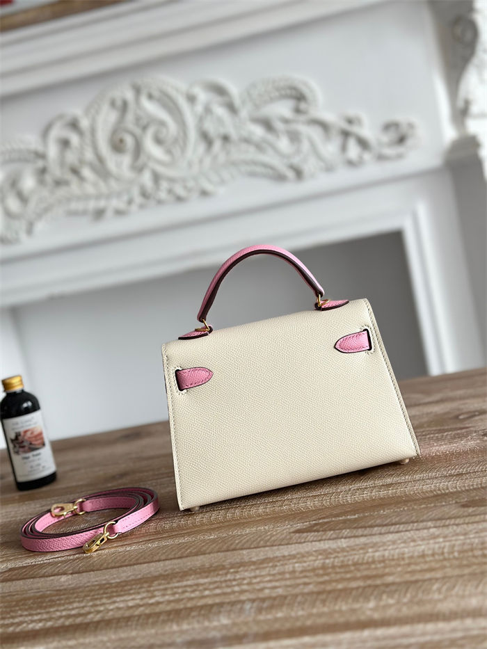 Hermes Kelly Mini II Bag Epsom Leather WAX-Bicolor Craie/Mauve Sylvestre High