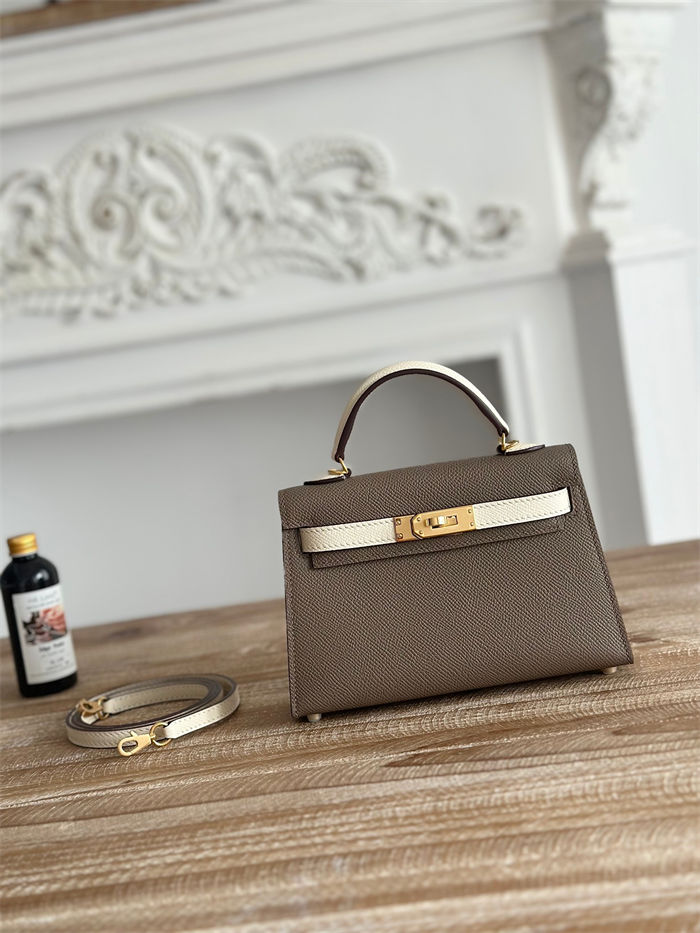 Hermes Kelly Mini II Bag Epsom Leather WAX-Bicolor Etoupe/Craie High