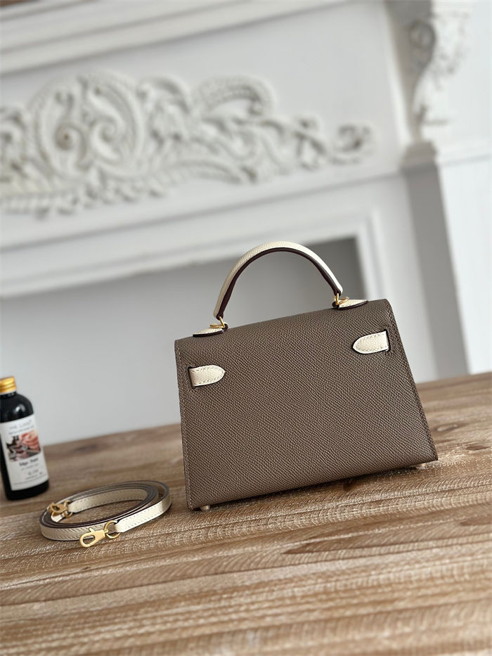 Hermes Kelly Mini II Bag Epsom Leather WAX-Bicolor Etoupe/Craie High