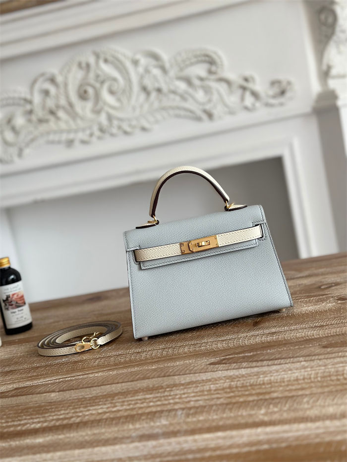 Hermes Kelly Mini II Bag Epsom Leather WAX-Bicolor Blue Pale/Craie High