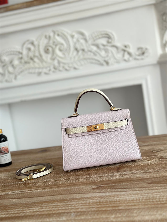 Hermes Kelly Mini II Bag Epsom Leather WAX-Bicolor Rose Sheherazade/Craie High