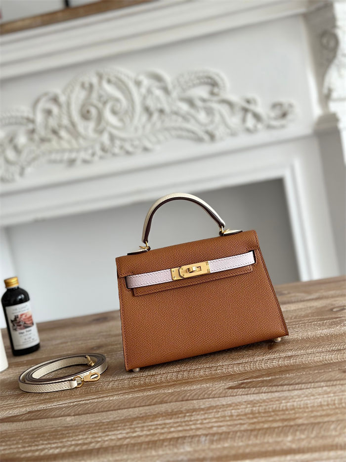 Hermes Kelly Mini II Bag Epsom Leather WAX-Bicolor Gold/Rose Sheherazade/Craie High