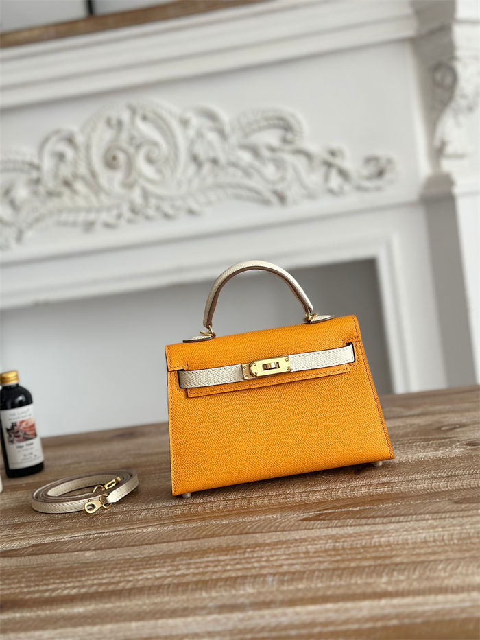 Hermes Kelly Mini II Bag Epsom Leather WAX-Bicolor Jaune d'Or/Craie High