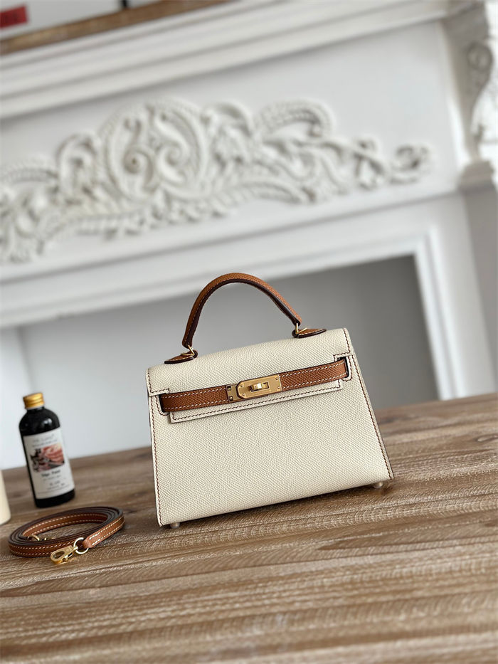 Hermes Kelly Mini II Bag Epsom Leather WAX-Bicolor Craie/Gold High