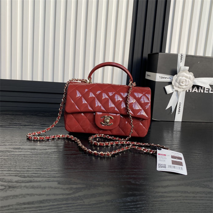 MINI FLAP BAG WITH TOP HANDLE AS2431 Patent Calfskin Gold-Tone Metal Red A