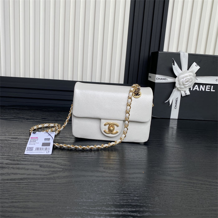 Chanel MINI FLAP BAG AS5218 Grained Shiny Calfskin & Gold-Tone Metal White High