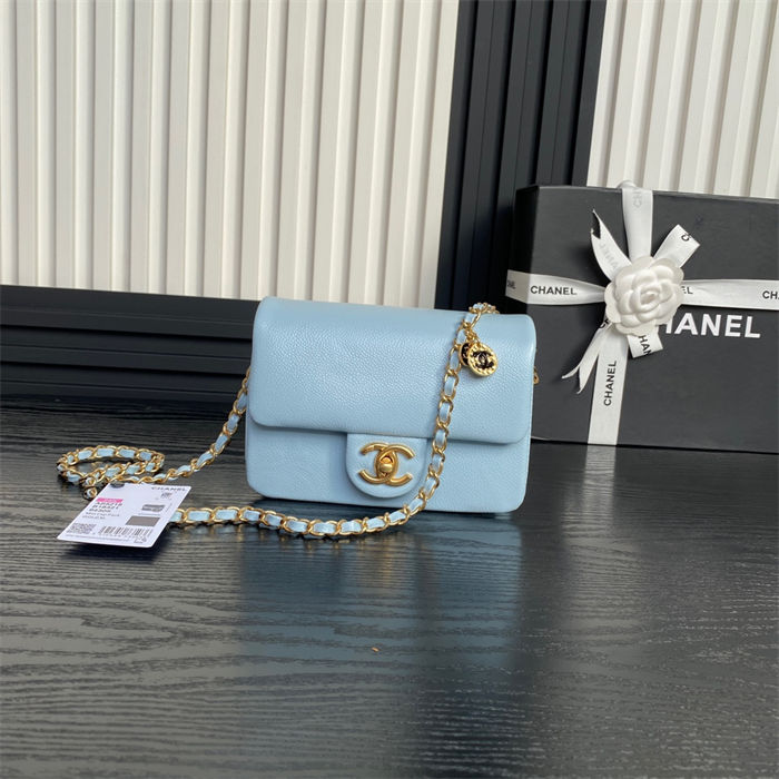 Chanel MINI FLAP BAG AS5218 Grained Shiny Calfskin & Gold-Tone Metal Blue High