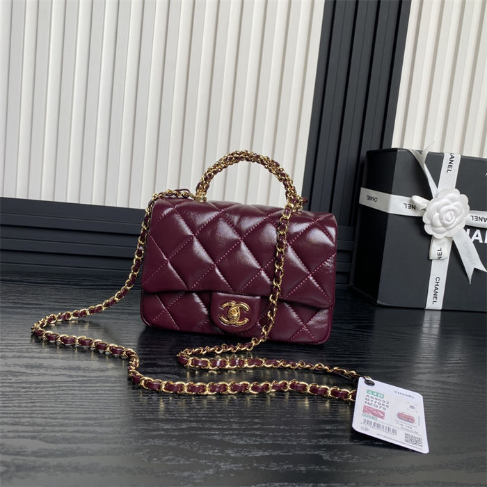 Chanel MINI FLAP BAG WITH TOP HANDLE AS5032 Shiny Lambskin Burgundy A