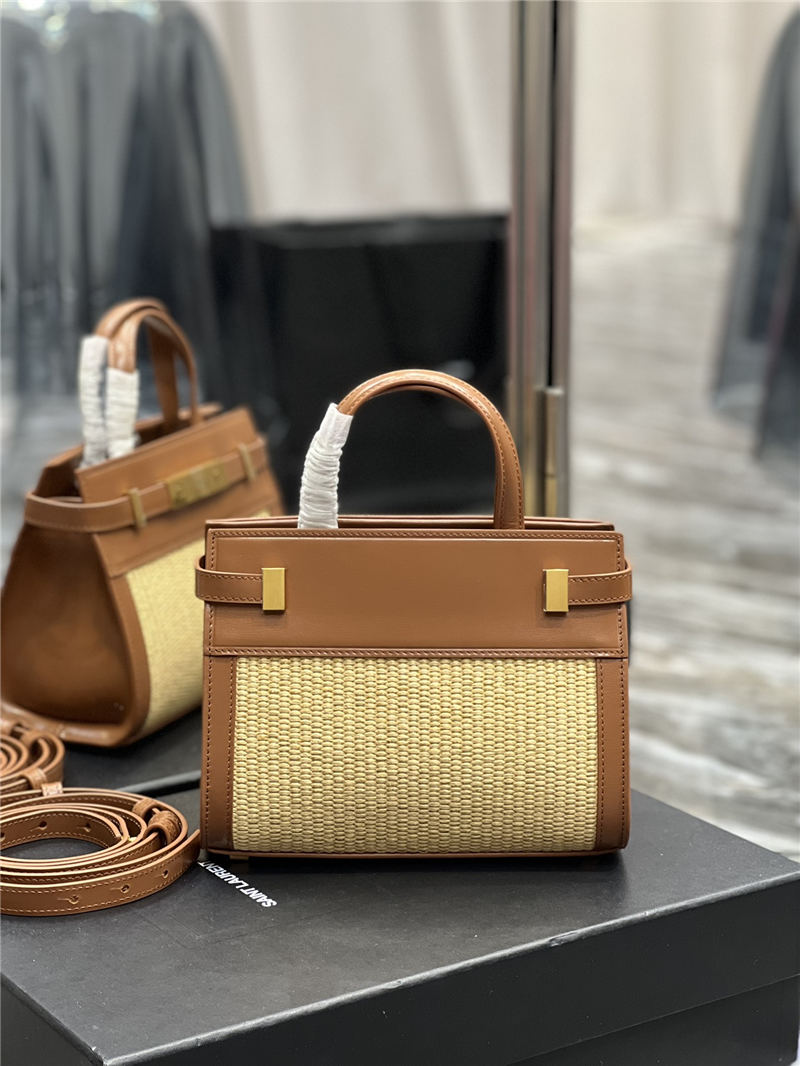 MANHATTAN NANO SHOPPING BAG IN RAFFIA AND SMOOTH LEATHER High