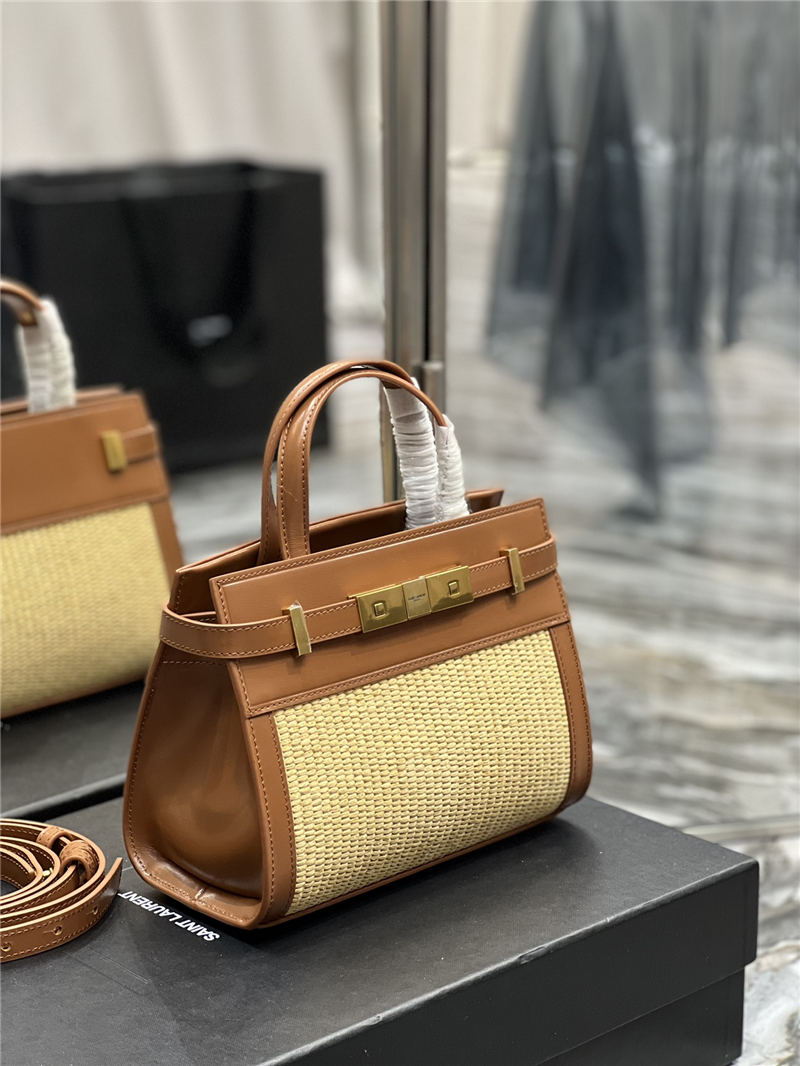 MANHATTAN NANO SHOPPING BAG IN RAFFIA AND SMOOTH LEATHER High