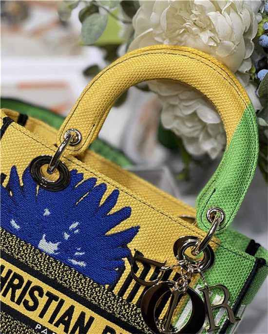 MEDIUM LADY D-LITE BAG  D-Flower Pop Embroidery Bright Yellow and Green High