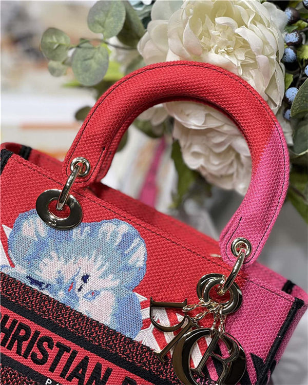 MEDIUM LADY D-LITE BAG  D-Flower Pop Embroidery Red and Pink High