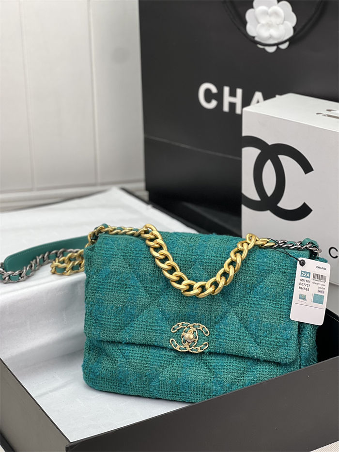 Large Chanel 19 Flap Bag Tweed Gold-Tone Green High