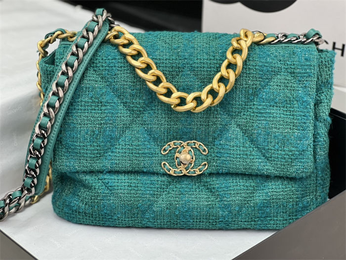 Large Chanel 19 Flap Bag Tweed Gold-Tone Green High