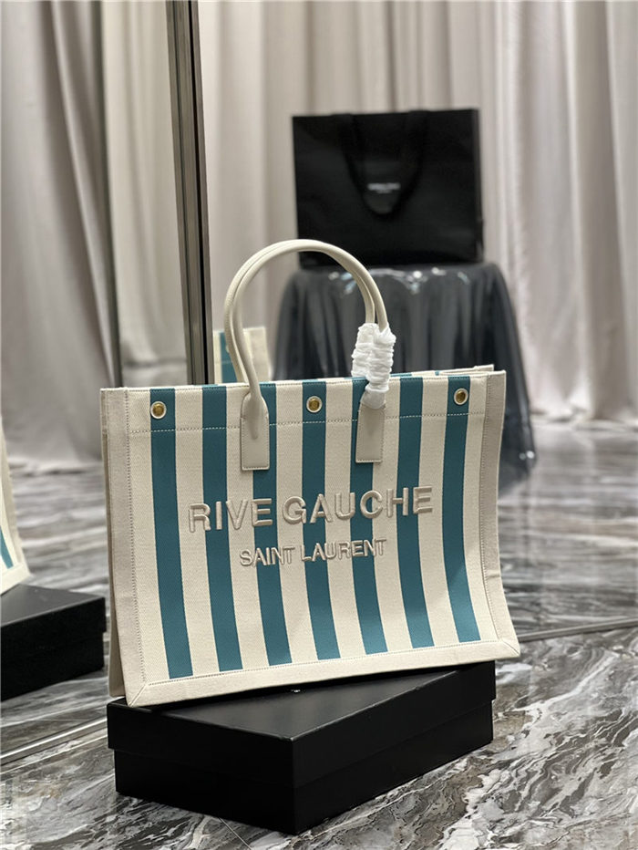 RIVE GAUCHE TOTE BAG IN LINEN AND LEATHER Stripe High