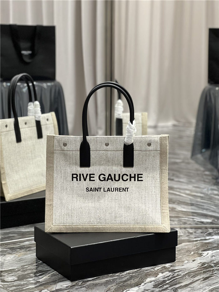 RIVE GAUCHE SMALL TOTE BAG IN LINEN AND LEATHER High