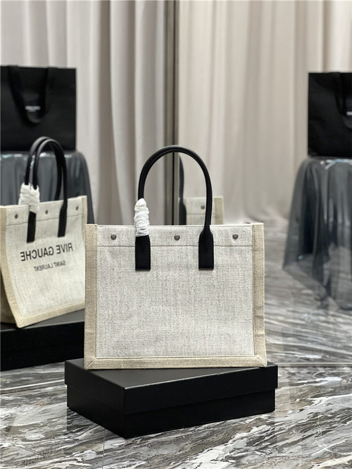 RIVE GAUCHE SMALL TOTE BAG IN LINEN AND LEATHER High