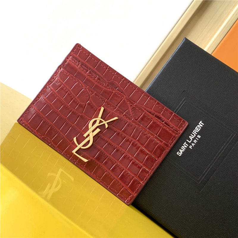 MONOGRAM CARD CASE IN CROCODILE Gold-Metal Red High