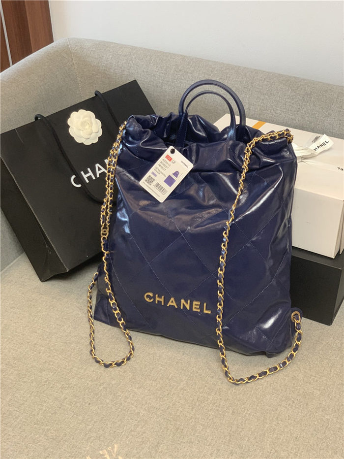 Chanel 22 BACKPACK Shiny Calfskin & Gold-Tone Metal AS3313 Navy High