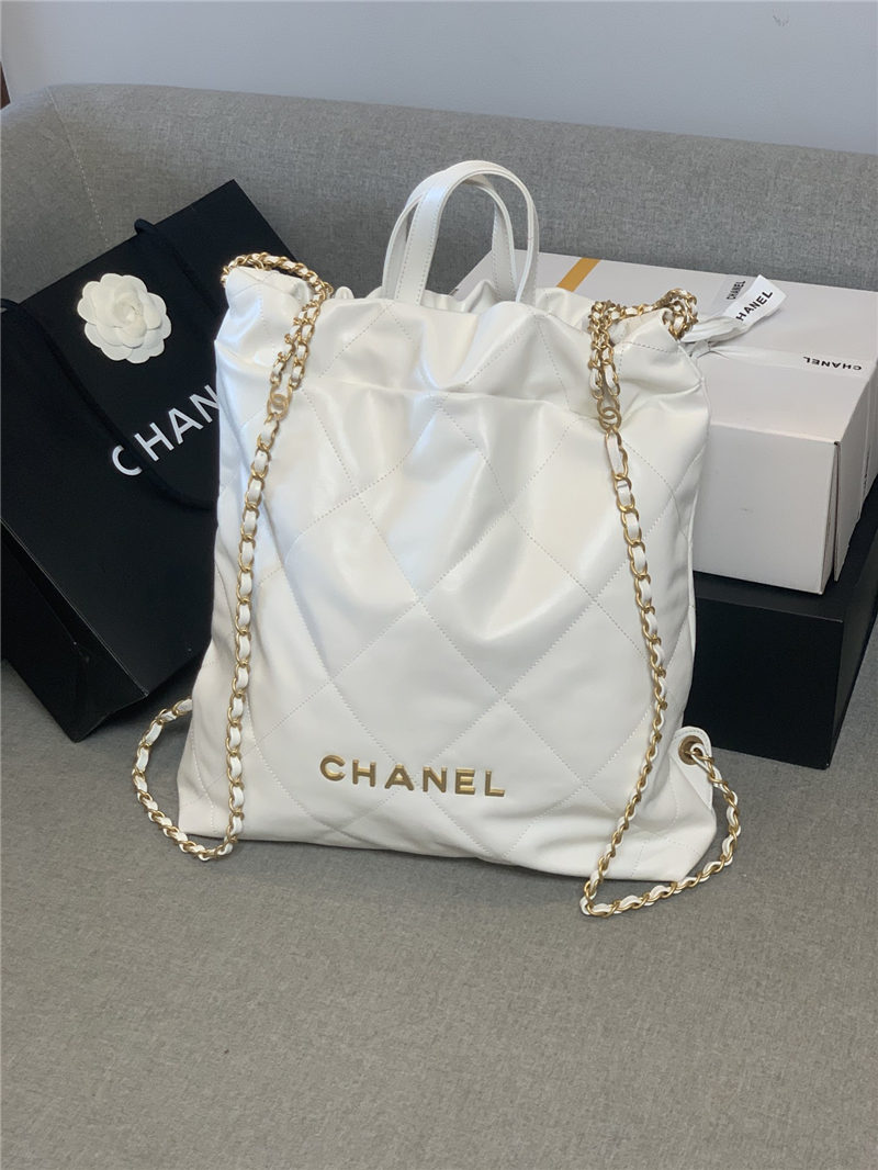 Chanel 22 BACKPACK Shiny Calfskin & Gold-Tone Metal AS3313 White High