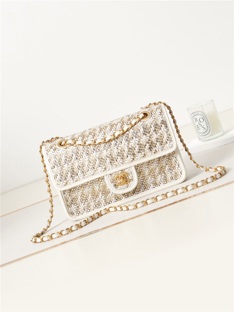 Chanel FLAP BAG Lambskin, Viscose Weaving & Gold-Tone Metal AS3767 White A