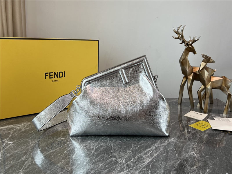 Fendi First Medium Leather Bag Silver wrinkle High