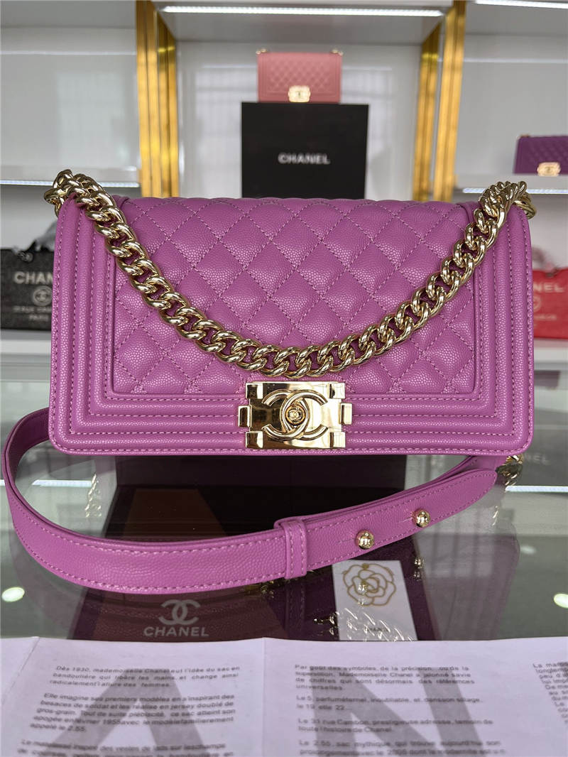 BOY Chanel HANDBAG Grained Calfskin Purple Gold Metal High