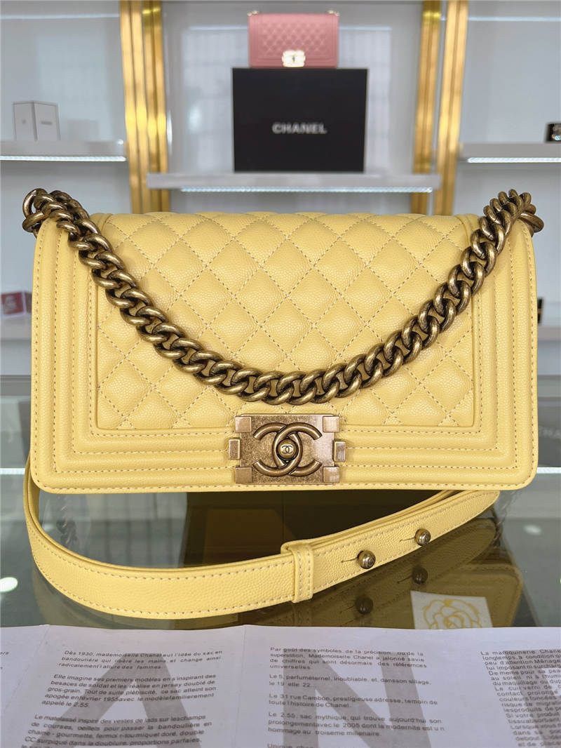 BOY Chanel HANDBAG Grained Calfskin Yellow Anti-Gold Metal High