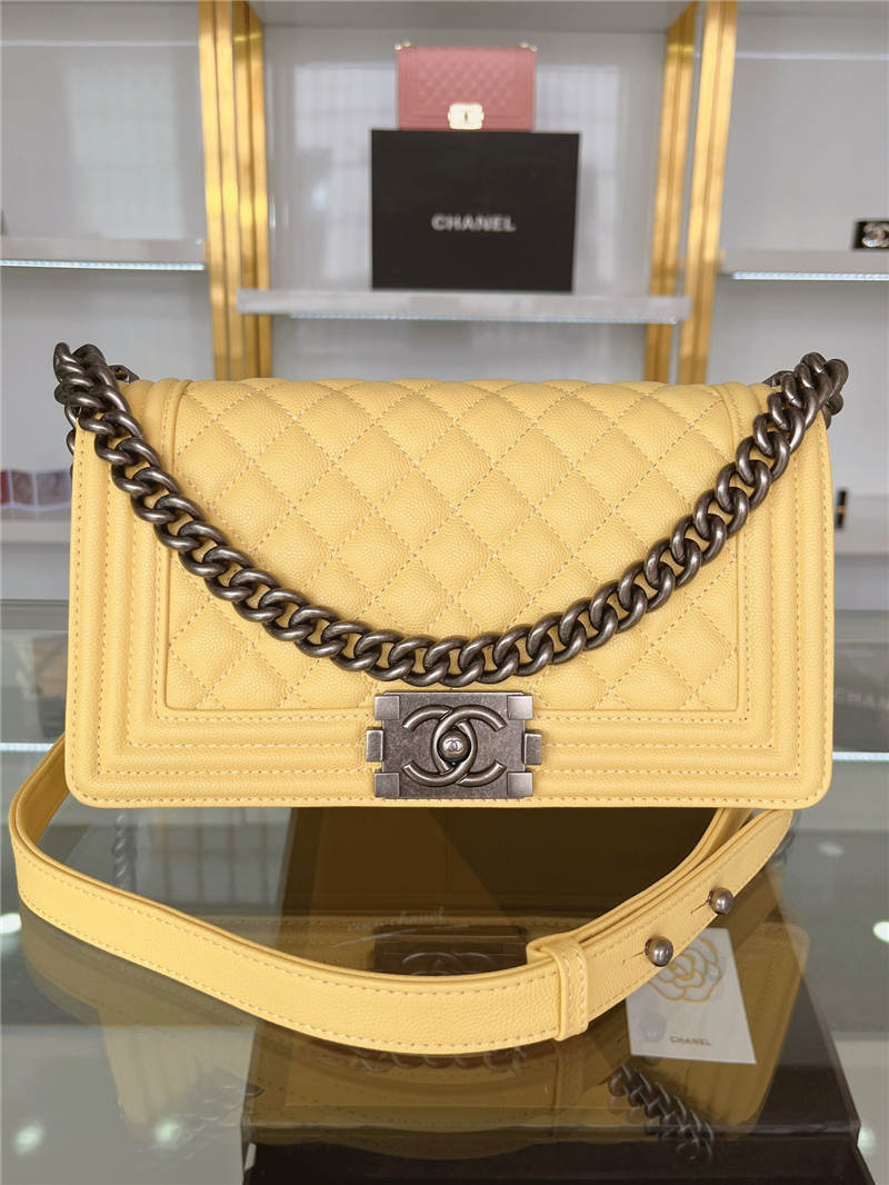 BOY Chanel HANDBAG Grained Calfskin Yellow Anti-Silver Metal High