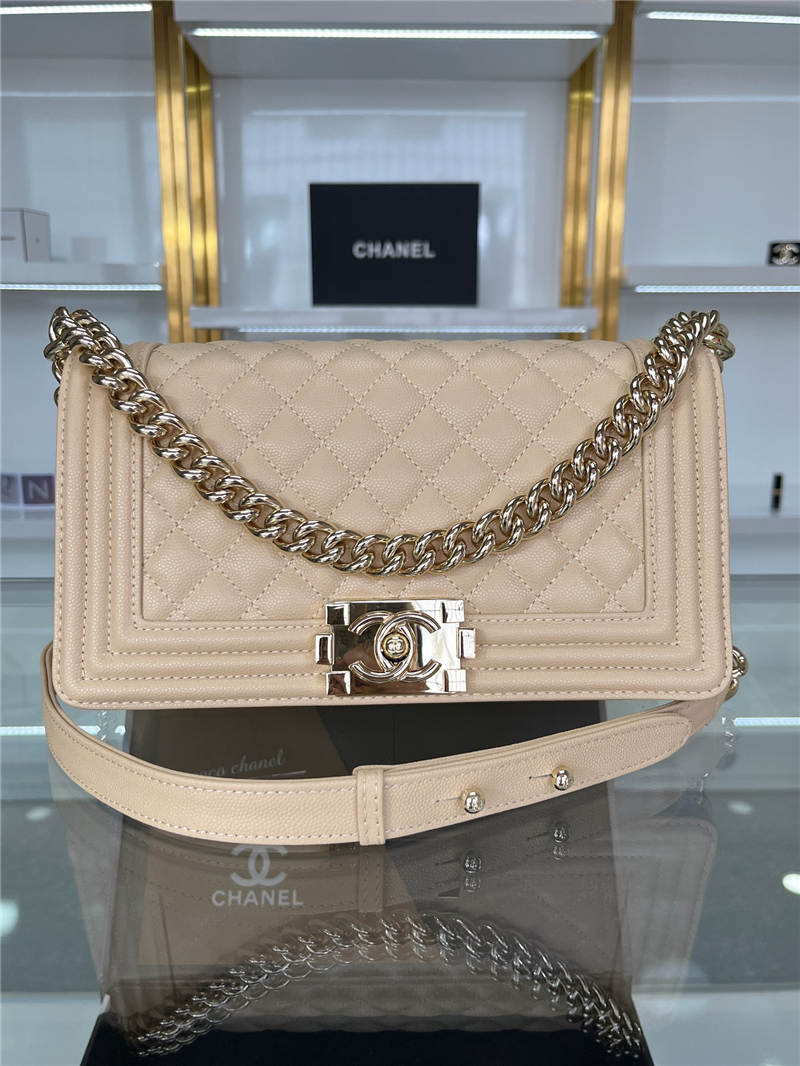 BOY Chanel HANDBAG Grained Calfskin Beige Gold Metal High