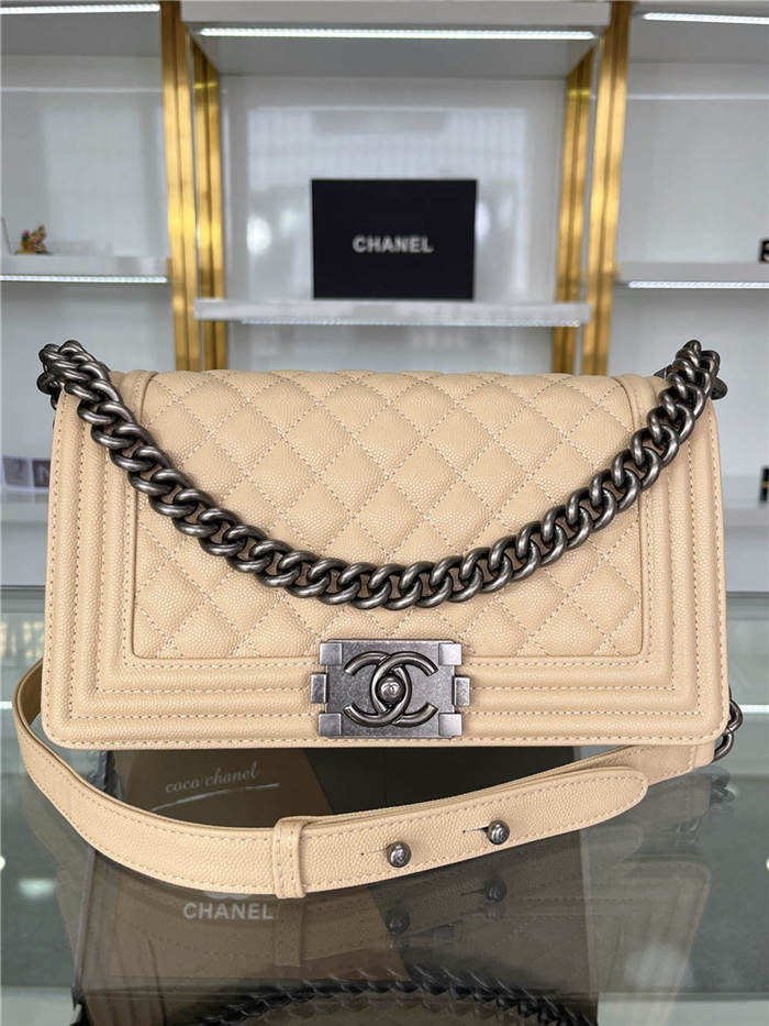 BOY Chanel HANDBAG Grained Calfskin Beige Anti-Silver Metal High