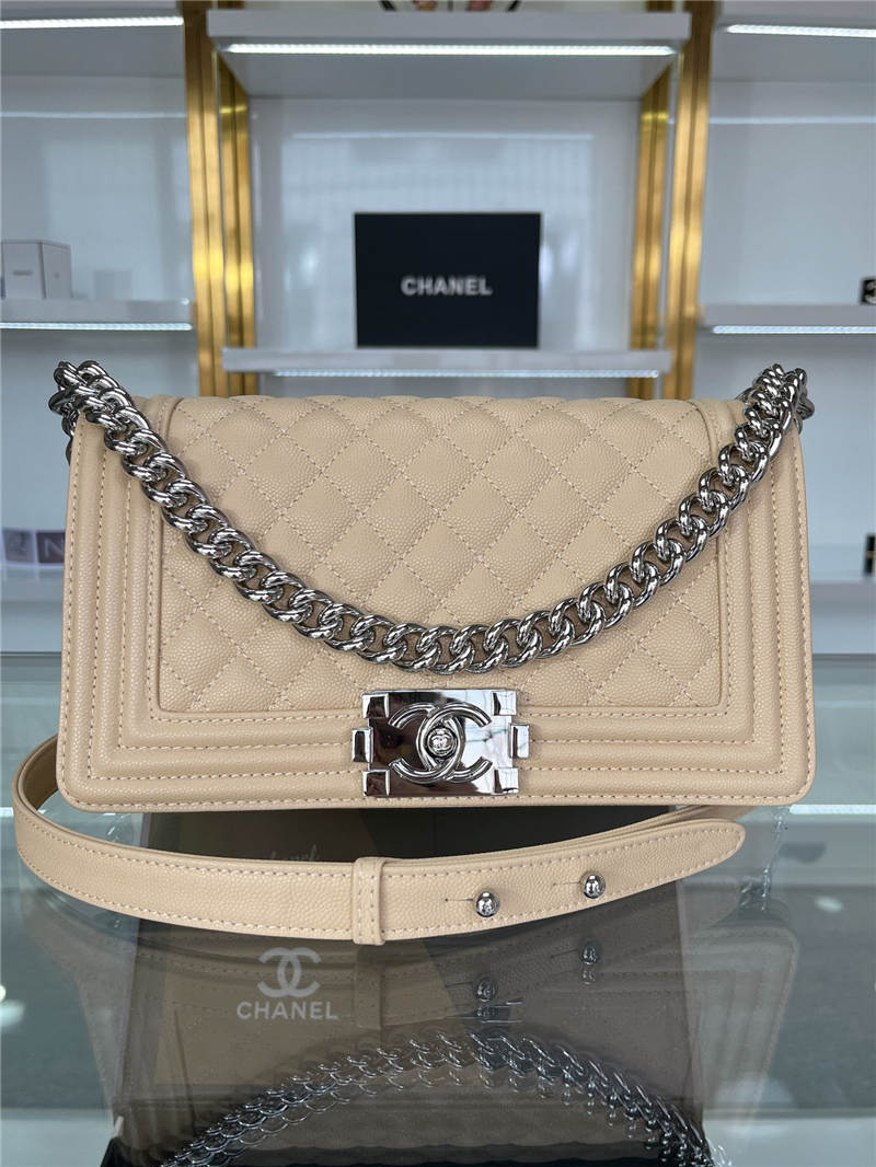 BOY Chanel HANDBAG Grained Calfskin Beige Silver Metal High