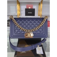 BOY Chanel HANDBAG Grained Calfskin Navy Blue Gold Metal High