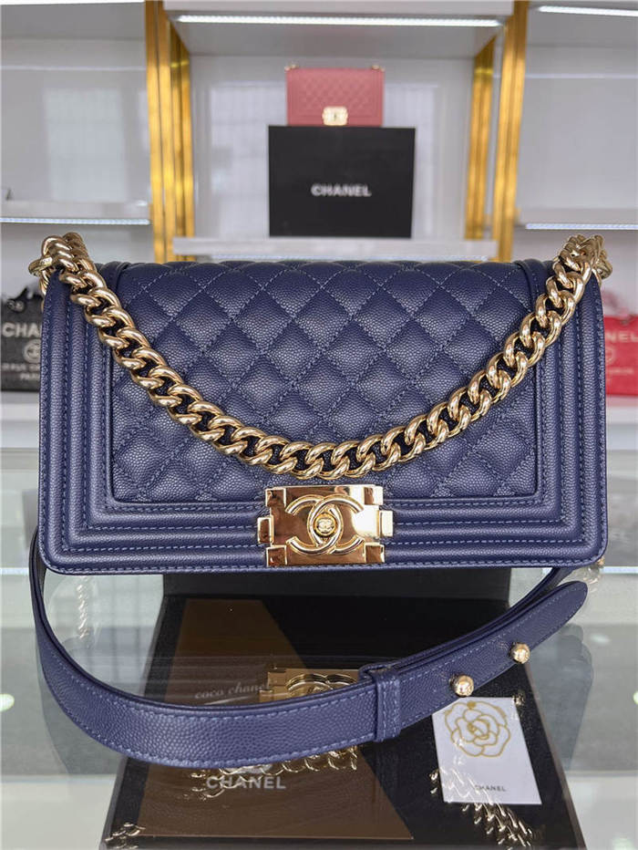 BOY Chanel HANDBAG Grained Calfskin Navy Blue Gold Metal High