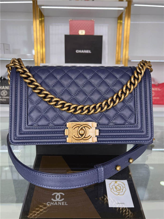 BOY Chanel HANDBAG Grained Calfskin Navy Blue Anti-Gold Metal High