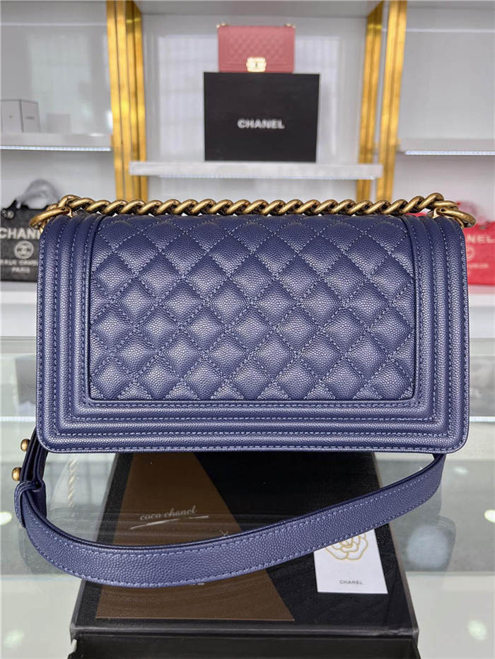 BOY Chanel HANDBAG Grained Calfskin Navy Blue Anti-Gold Metal High