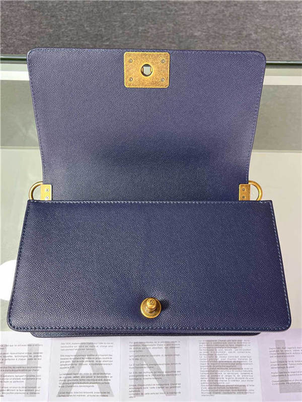 BOY Chanel HANDBAG Grained Calfskin Navy Blue Anti-Gold Metal High