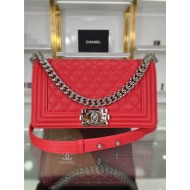 BOY Chanel HANDBAG Grained Calfskin Red Silver Metal High