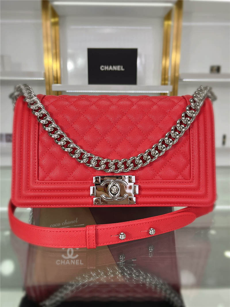 BOY Chanel HANDBAG Grained Calfskin Red Silver Metal High