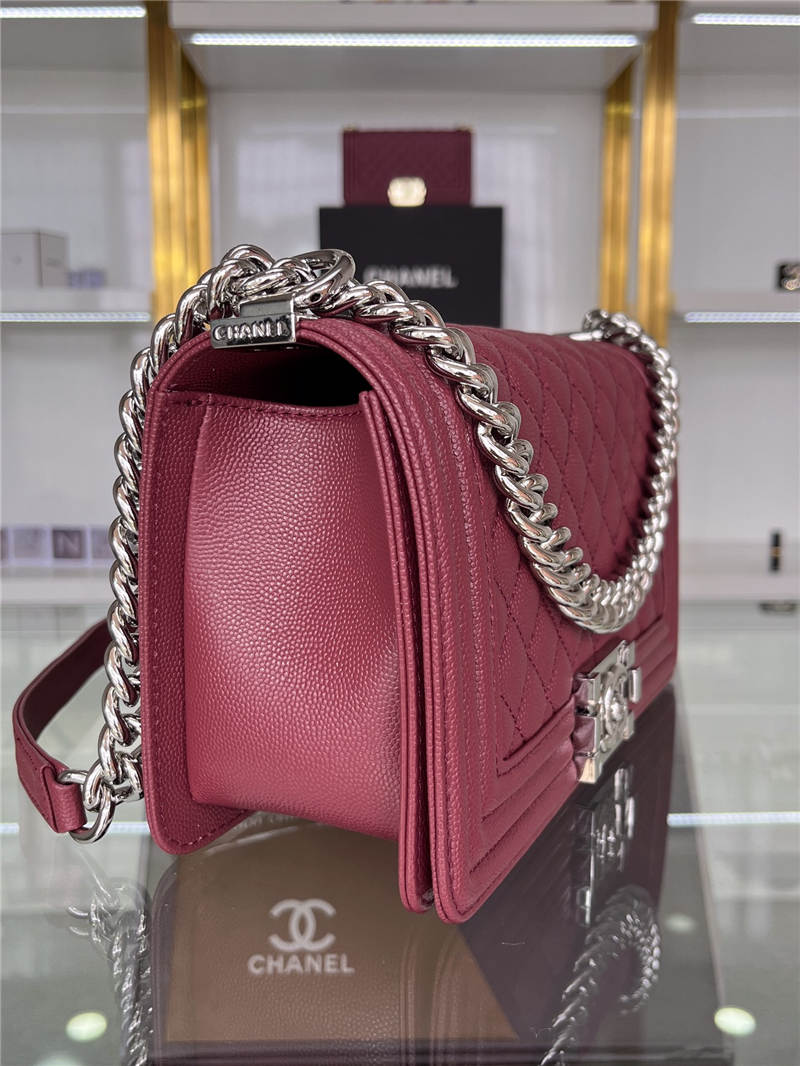 BOY Chanel HANDBAG Grained Calfskin Wine Silver Metal High