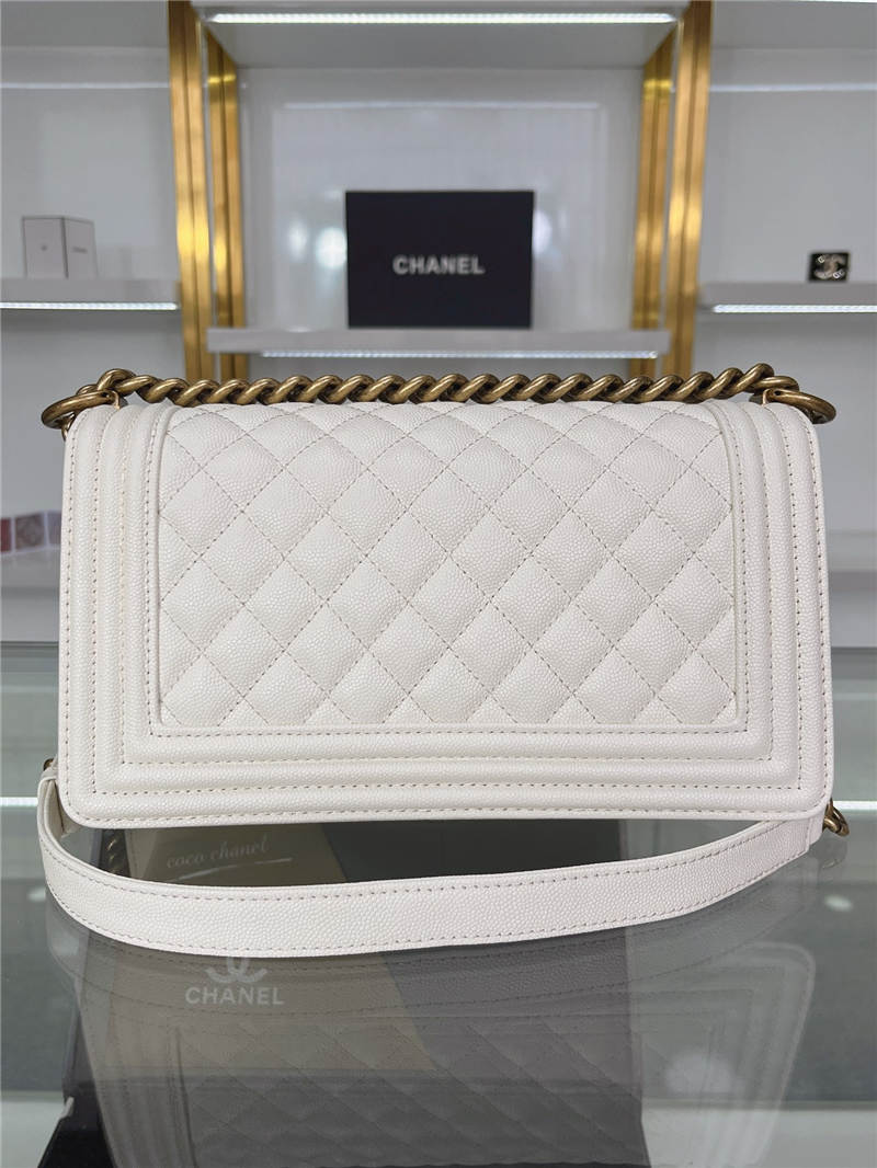 BOY Chanel HANDBAG Grained Calfskin White Anti-Gold Metal High