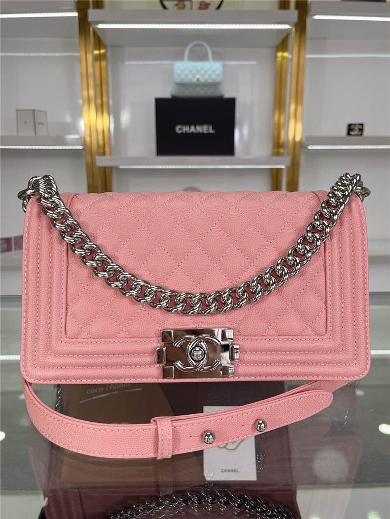 BOY Chanel HANDBAG Grained Calfskin Pink Silver Metal High