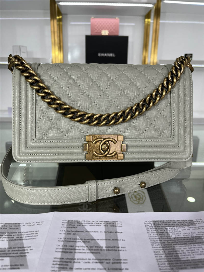 BOY Chanel HANDBAG Grained Calfskin Grey Anti-Gold Metal High