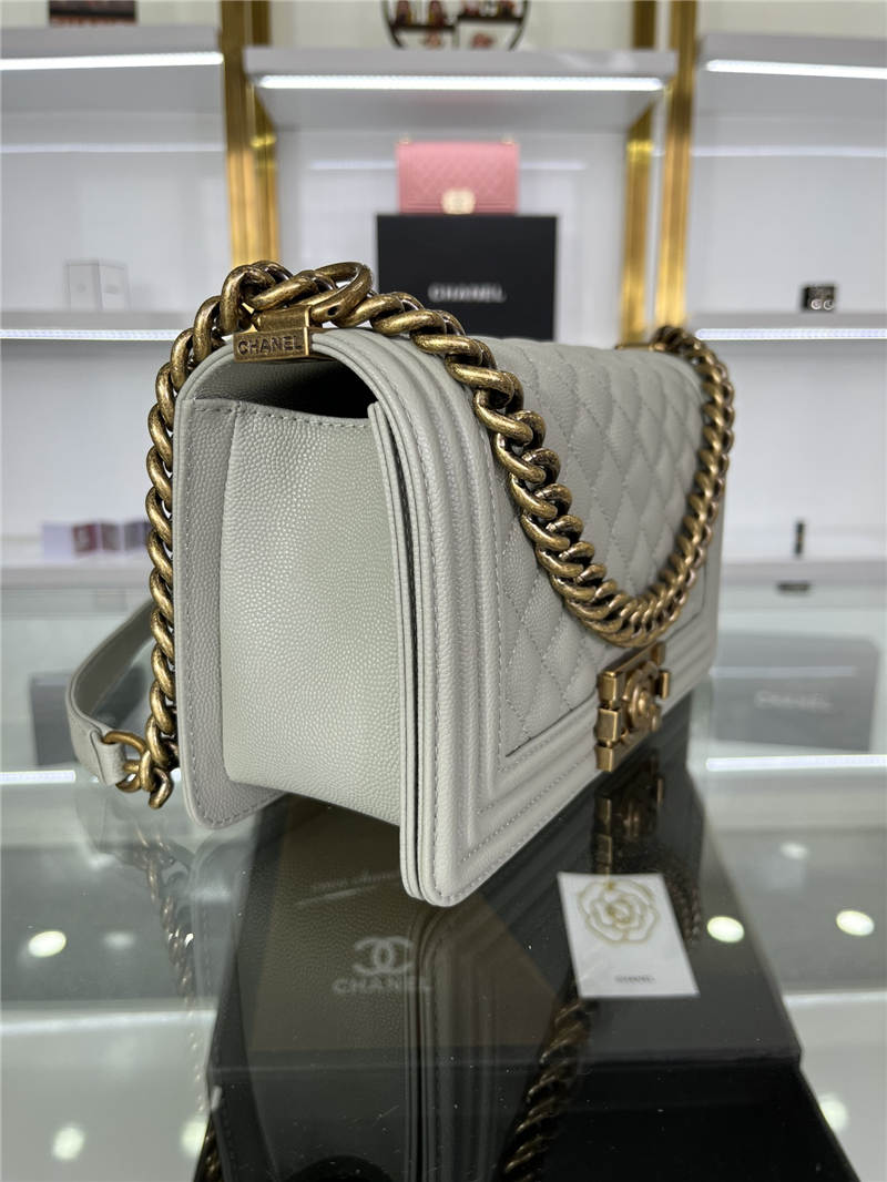 BOY Chanel HANDBAG Grained Calfskin Grey Anti-Gold Metal High