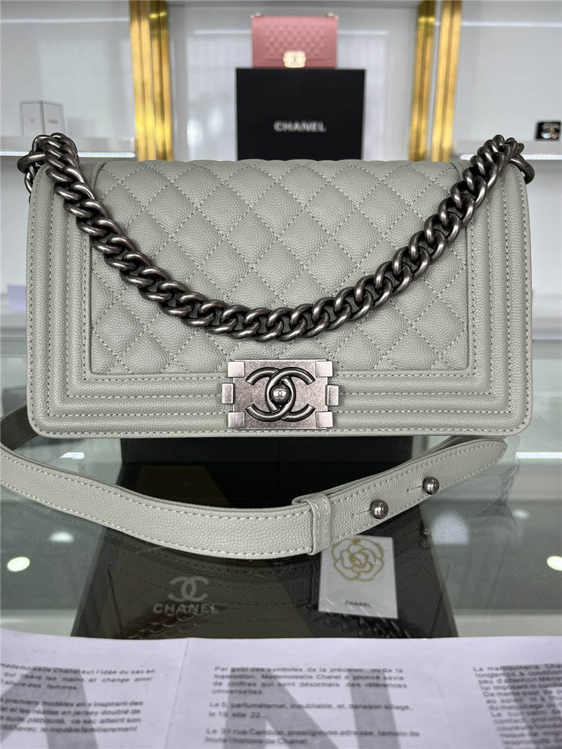 BOY Chanel HANDBAG Grained Calfskin Grey Anti-Silver Metal High