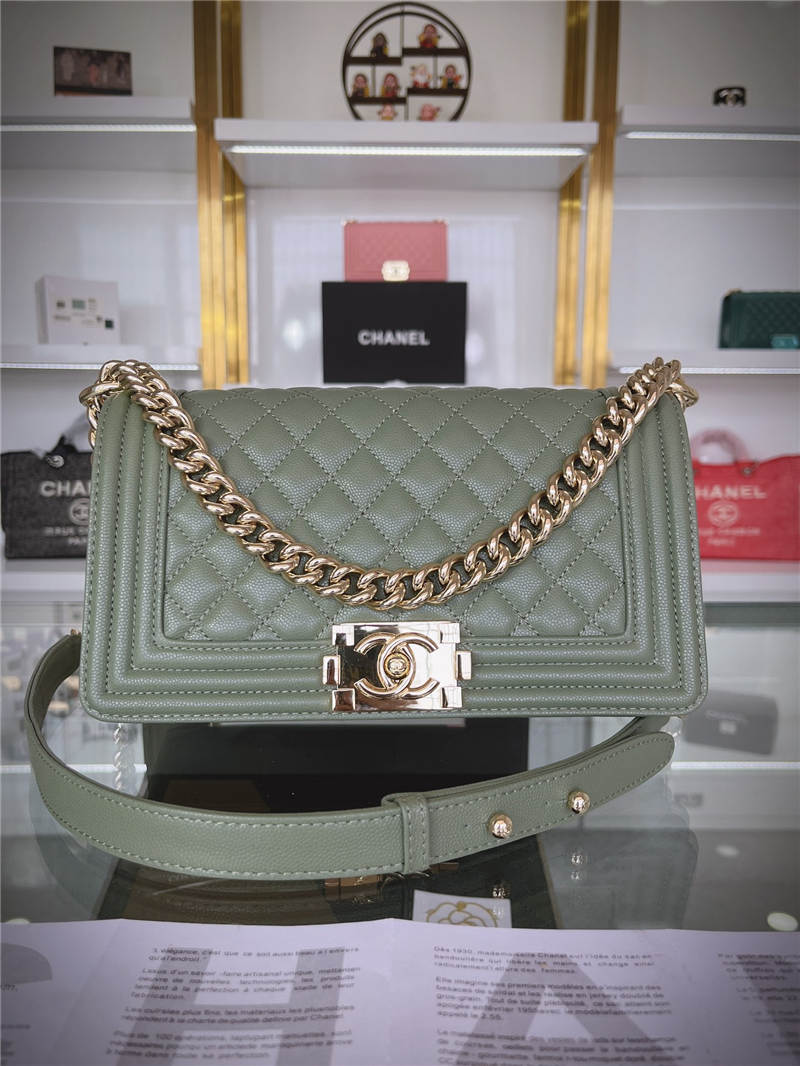 BOY Chanel HANDBAG Grained Calfskin Olive Gold Metal High