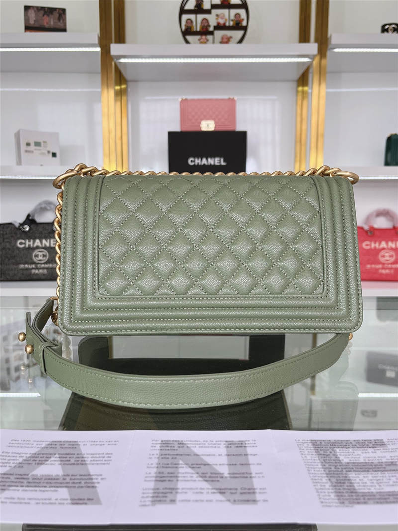 BOY Chanel HANDBAG Grained Calfskin Olive Matt-Gold Metal High